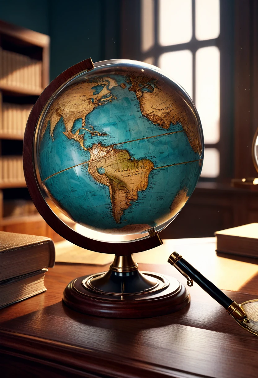 A detailed, high-quality globe with a magnifying glass examining it, masterpiece, photorealistic, 8k, hyperdetailed, cinematic lighting, complex background, scientific exploration, knowledge, discovery, curiosity, attention to detail, realism, detailed textures, metallic magnifying glass, glass lens, wooden frame, desk, office, academic, scholarly, intellectual, dramatic lighting, deep shadows, warm tones, vibrant colors
