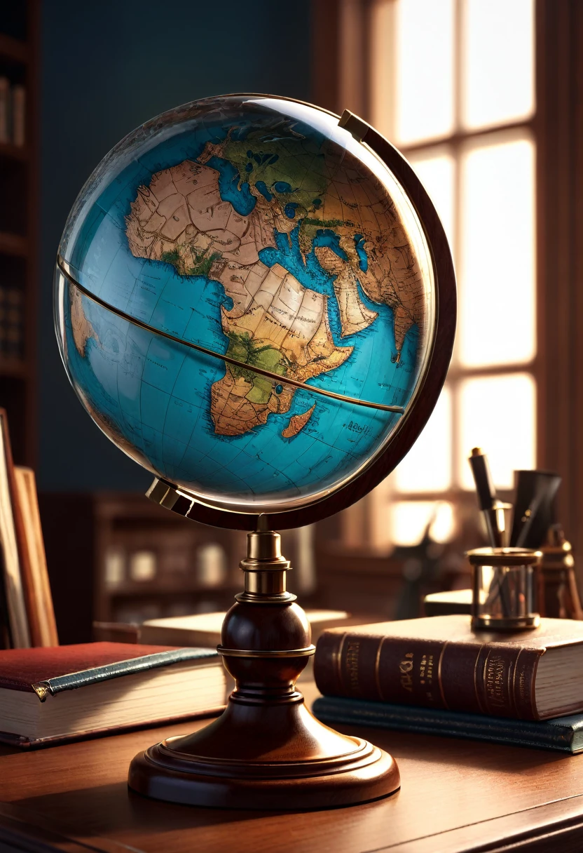 A detailed, high-quality globe with a magnifying glass examining it, masterpiece, photorealistic, 8k, hyperdetailed, cinematic lighting, complex background, scientific exploration, knowledge, discovery, curiosity, attention to detail, realism, detailed textures, metallic magnifying glass, glass lens, wooden frame, desk, office, academic, scholarly, intellectual, dramatic lighting, deep shadows, warm tones, vibrant colors