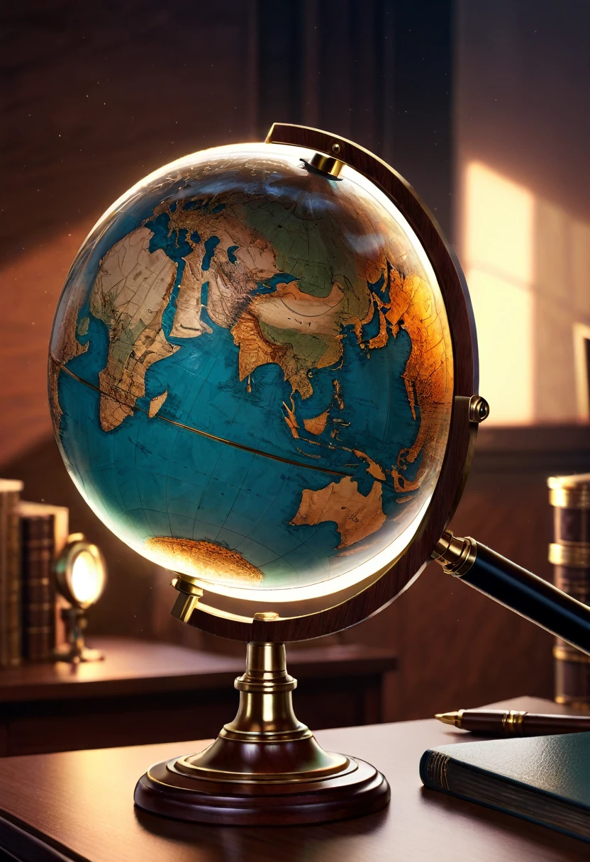 A detailed, high-quality globe with a magnifying glass examining it, masterpiece, photorealistic, 8k, hyperdetailed, cinematic lighting, complex background, scientific exploration, knowledge, discovery, curiosity, attention to detail, realism, detailed textures, metallic magnifying glass, glass lens, wooden frame, desk, office, academic, scholarly, intellectual, dramatic lighting, deep shadows, warm tones, vibrant colors