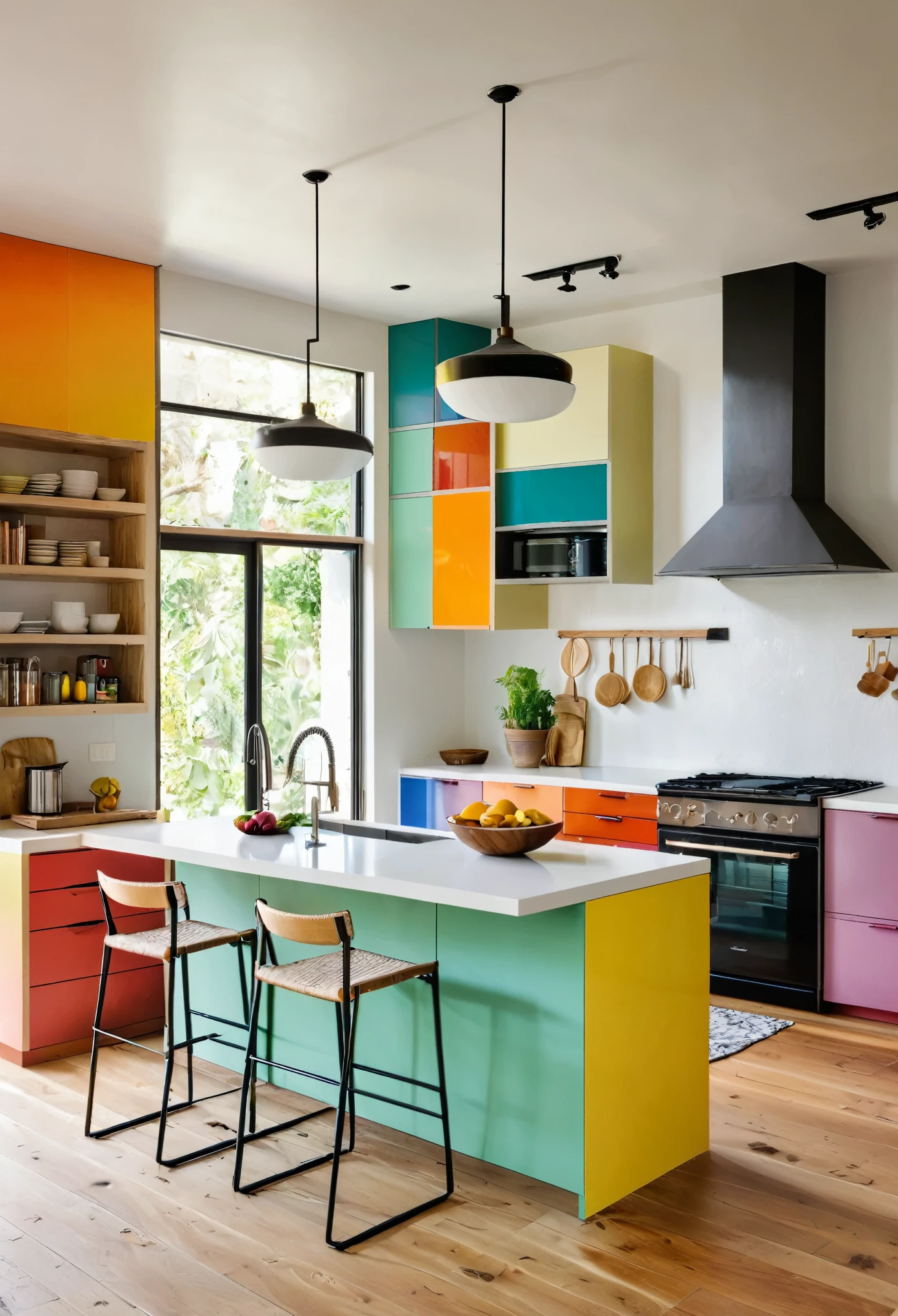 a modern kitchen, colorful cabinet doors, island table, stove, sink, natural light, wooden floor, plaster ceiling,