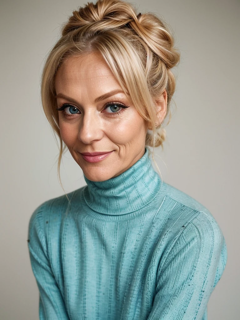 photo of a skinny very old wrinkly faced mature blonde prostitute with fake eyelashes and plump enhanced lips, messy long hair thrown into a messy bun ponytial. She wears: (turtleneck soft high ribbed turquoise sweater:1.1), submissive seductive pose, high tight ribbed neck, seductive smile, perfect fake tits