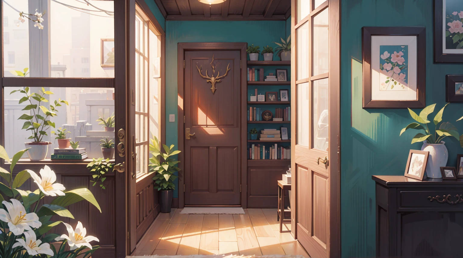 (Masterpiece), Best quality, Ultra-high resolution, detailed structure, Detailed architecture, (Warm pastel colors), indoor,(nobody:1.5)Pull the door frame to see the living room,Behind is the living room, plant, Stamens, indoor。Entrance