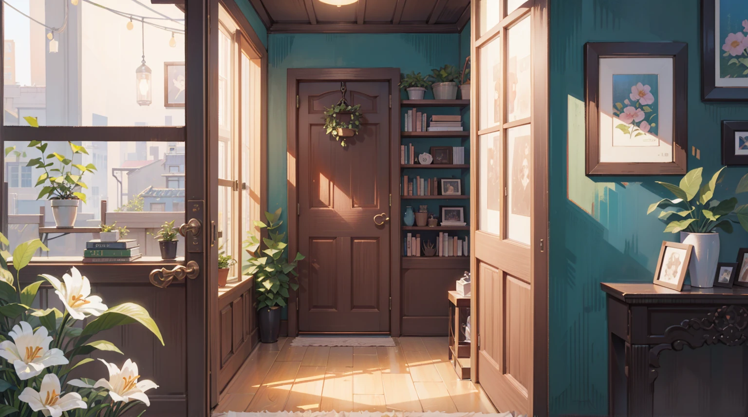 (Masterpiece), Best quality, Ultra-high resolution, detailed structure, Detailed architecture, (Warm pastel colors), indoor,(nobody:1.5)Pull the door frame to see the living room,Behind is the living room, plant, Stamens, indoor。Entrance