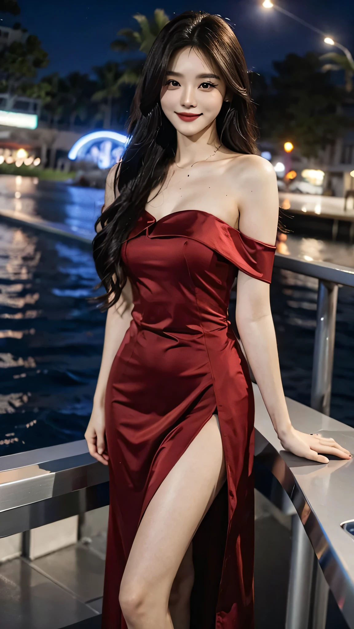 A sweet girl by the yatch，voluminous hair，Delicate face，Photorealsitic，of a real，largeaperture，wears a dark red dress，A cropped dress，Off-the-shoulder，A dress around the neck，Slim，smiles，Ultra-high resolution, Blurred background