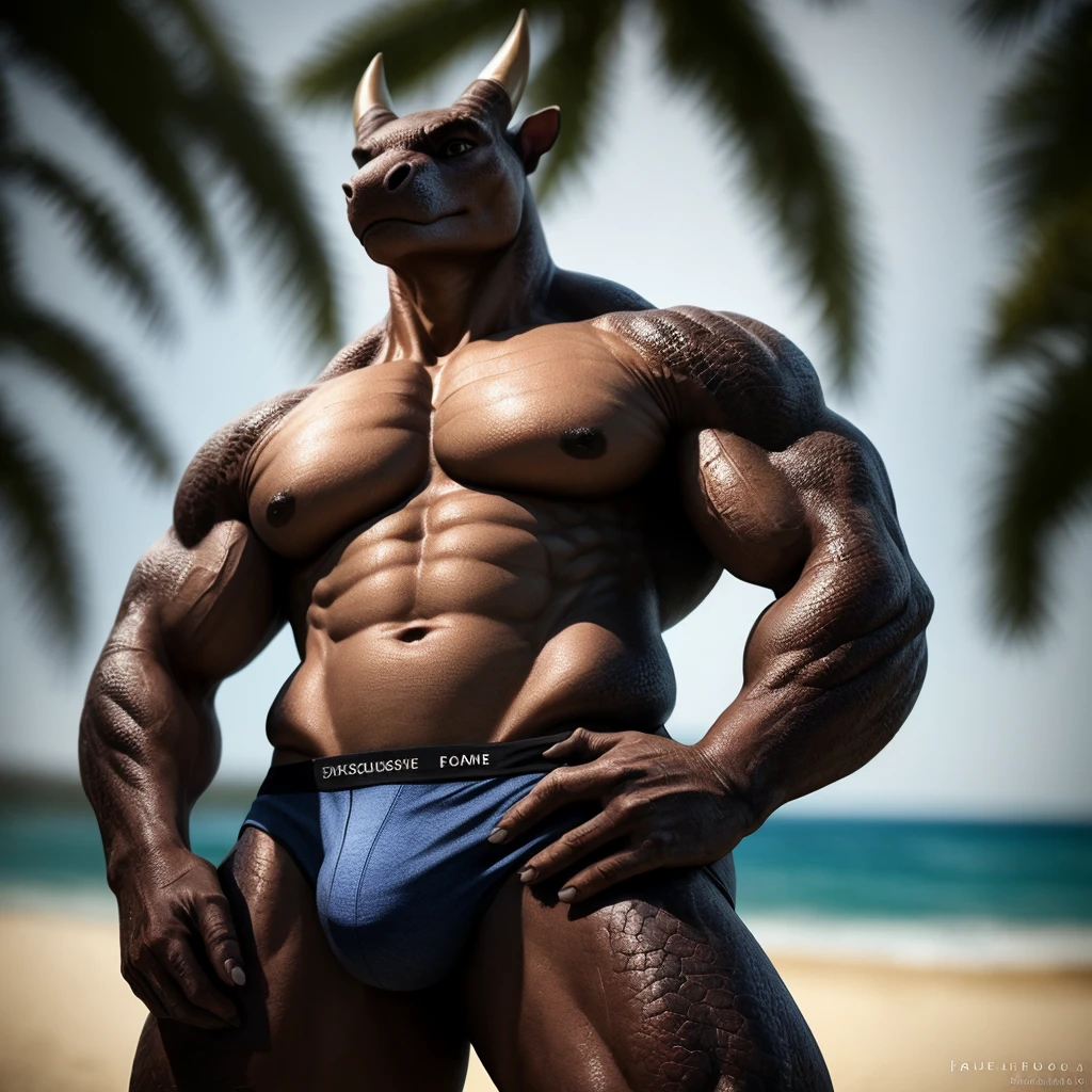 Dragon, Multi-Colored Body, Male, Solo, Horn, Dragon Tail on Front, Middle-aged, Front View, , Bulge, Correct Hands Anatomy, Correct Fingers, Correct Anatomy, Hands on hip, Tail on side,  Beach background, Furless, Hairless, Scales, Muscle: 3, Muscular Body, Big Pectorals, Pecs, Tattoo on Pectorals, Dragon Tail, (Photorealistic, Realistic shadows, depth of field, Wide Dynamic Field, Dark Shadows, HDR, Low Light: 1.2, Low Angle Half Body Shot), 