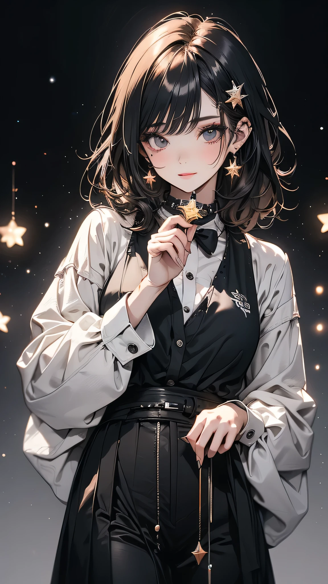 (Highly detailed CG Unity 8k wallpaper),(masterpiece), (Highest quality), (Super detailed), (Best illustrations),(Best Shadow), Cowboy Shot, (Sharp eyeliner, eye shadow, Fine grain:1), Urban Background, ,break , (Star 15 School:1.2), hair ornaments,