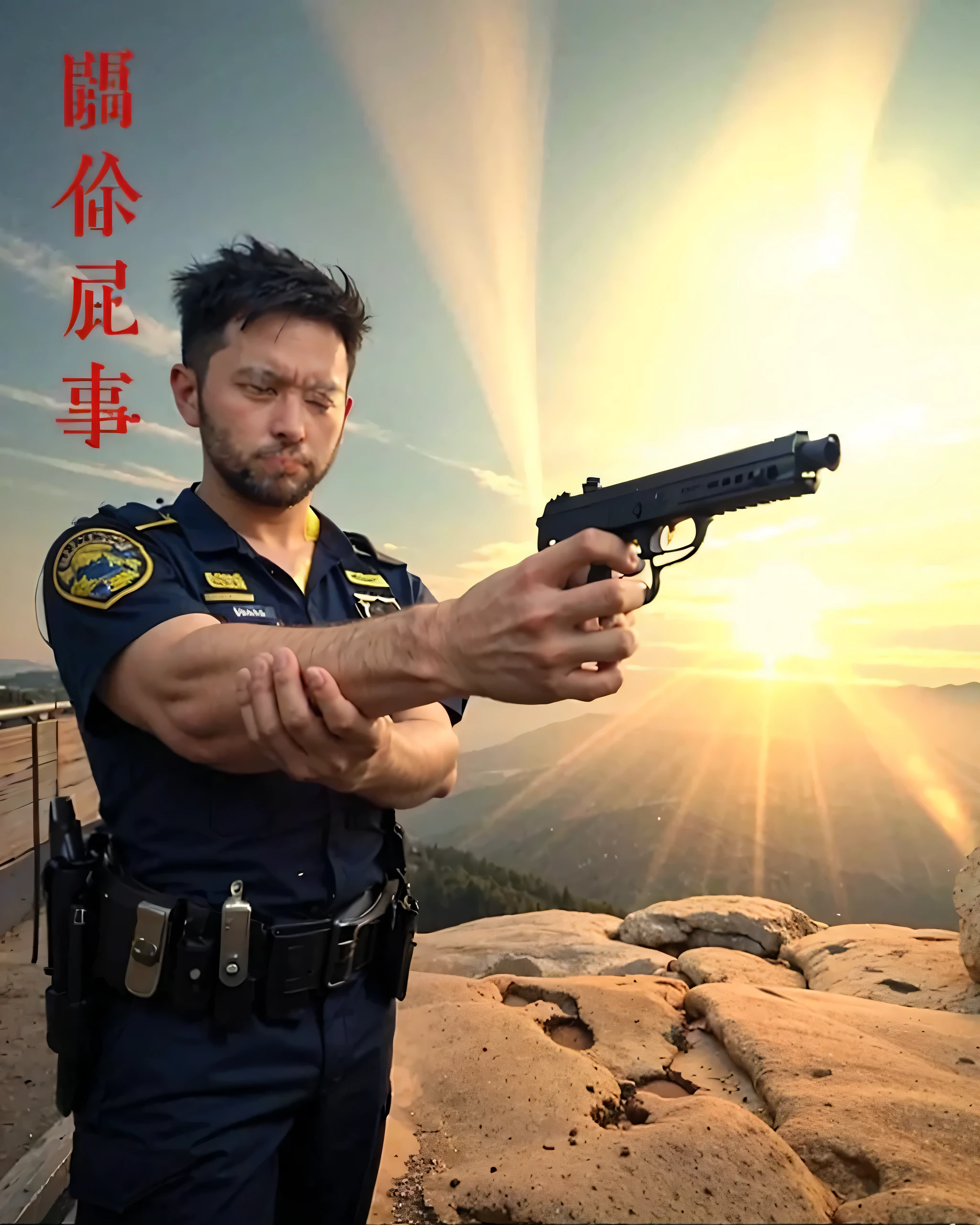 Police man at mountain pointing gun at someone 