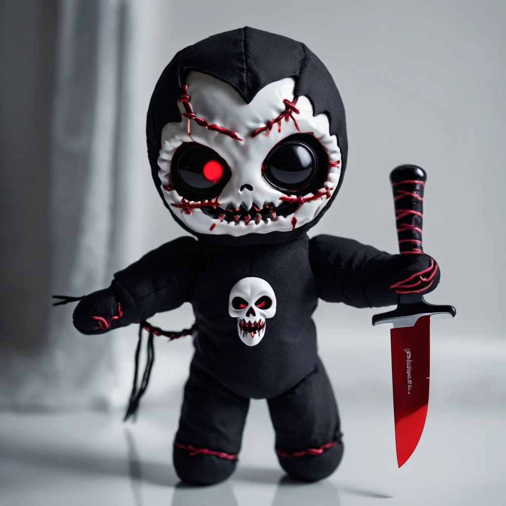 (knitted toy voodoo doll:1.8), (in Ghostface mask from Scream:1.5), holding a small, bloody knife, horror atmosphere, best quality, masterpiece, detailed soft oil painting, detailed background, dramatic cinematic lighting, soft edge lighting, professional, dramatic lighting, hard edge lighting, ultra quality, 4k, masterpiece, best quality, 8k, ultra high definition, high resolution, extremely detailed