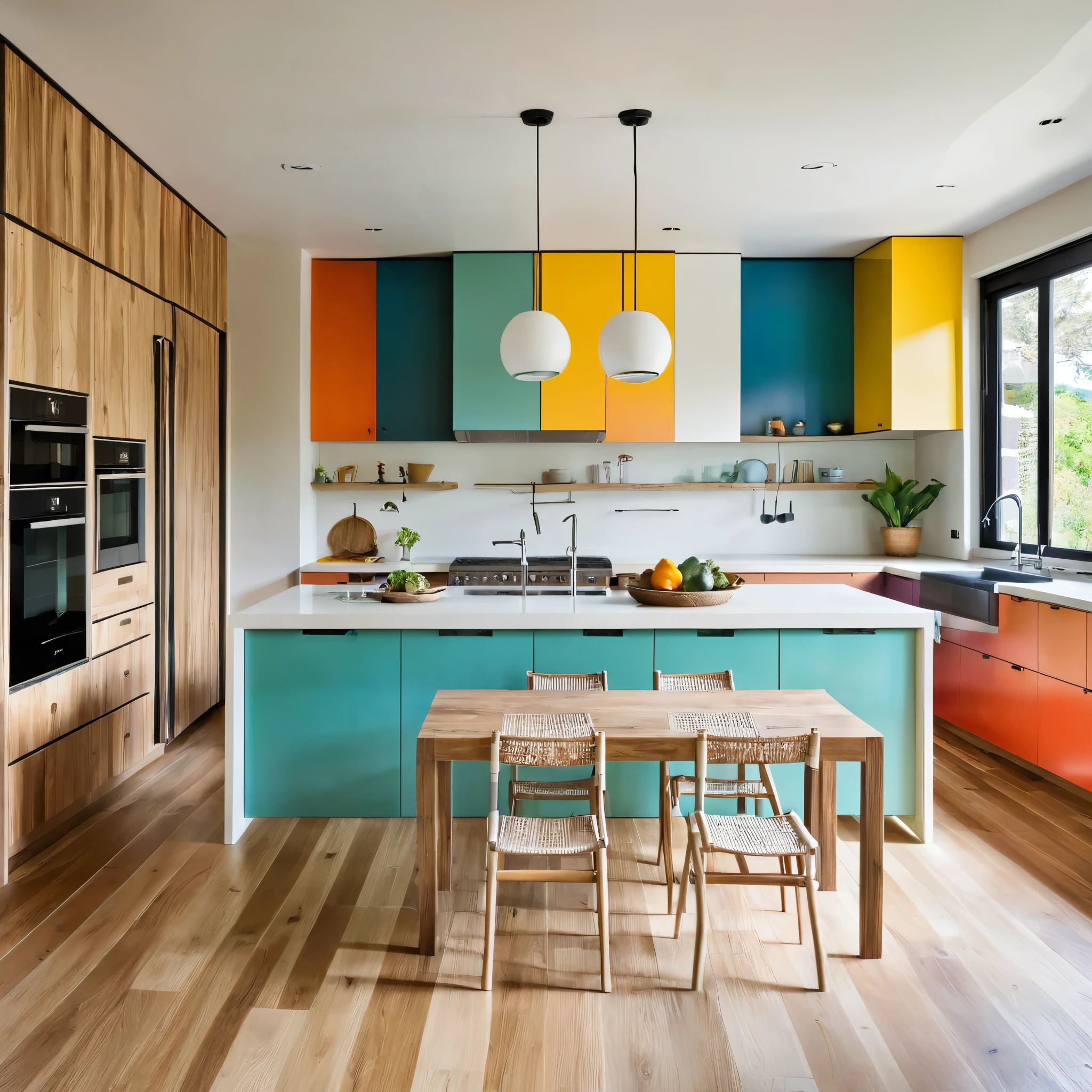 a modern kitchen, colorful cabinet doors, island table, stove, sink, natural light, wooden floor, plaster ceiling,
