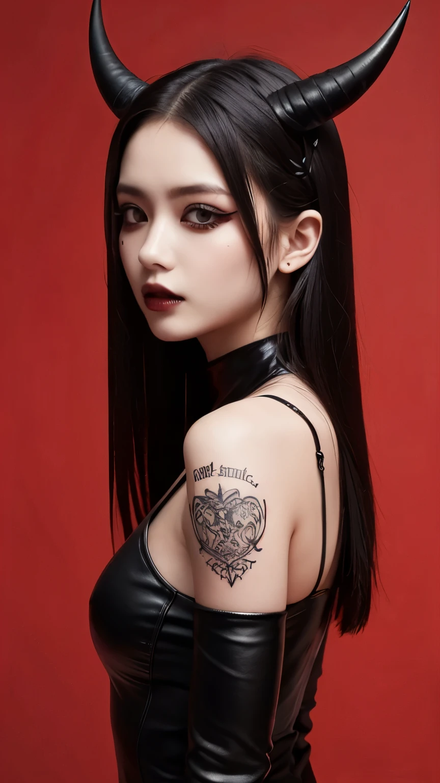 「in red background、A portrait of a young woman is depicted。She is wearing a black leather top、Sharp horns growing from its head。The eyes have red eyeshadow、She has a small black heart tattoo on her cheek.。He wears round glasses、It exudes a sexy and dark atmosphere.。Her hair is black、long、Straight。The overall look emphasizes the Gothic style.。」