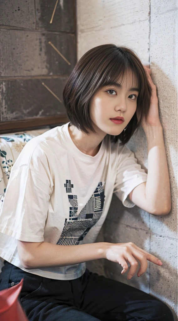 24 (short hair:1.23), (20-year-old woman), (hyper-realistic), (masutepiece), (8KUHD), facial focus, ((black t-shirt with no pattern)) wearing long pants (The room wall is an abstract fraction: 1.23)