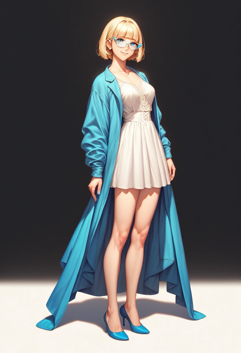 divine beautiful girl, solo, full body, standing, medium bob cut blonde hair, light blue eyes, two points glasses, medium breasts, blue opened short jacket, white blouse, white long pleats skirt, blue high heels, soft smile, Quickly raise your glasses with her hand, black background, no background, pastel 2d art, matte painting