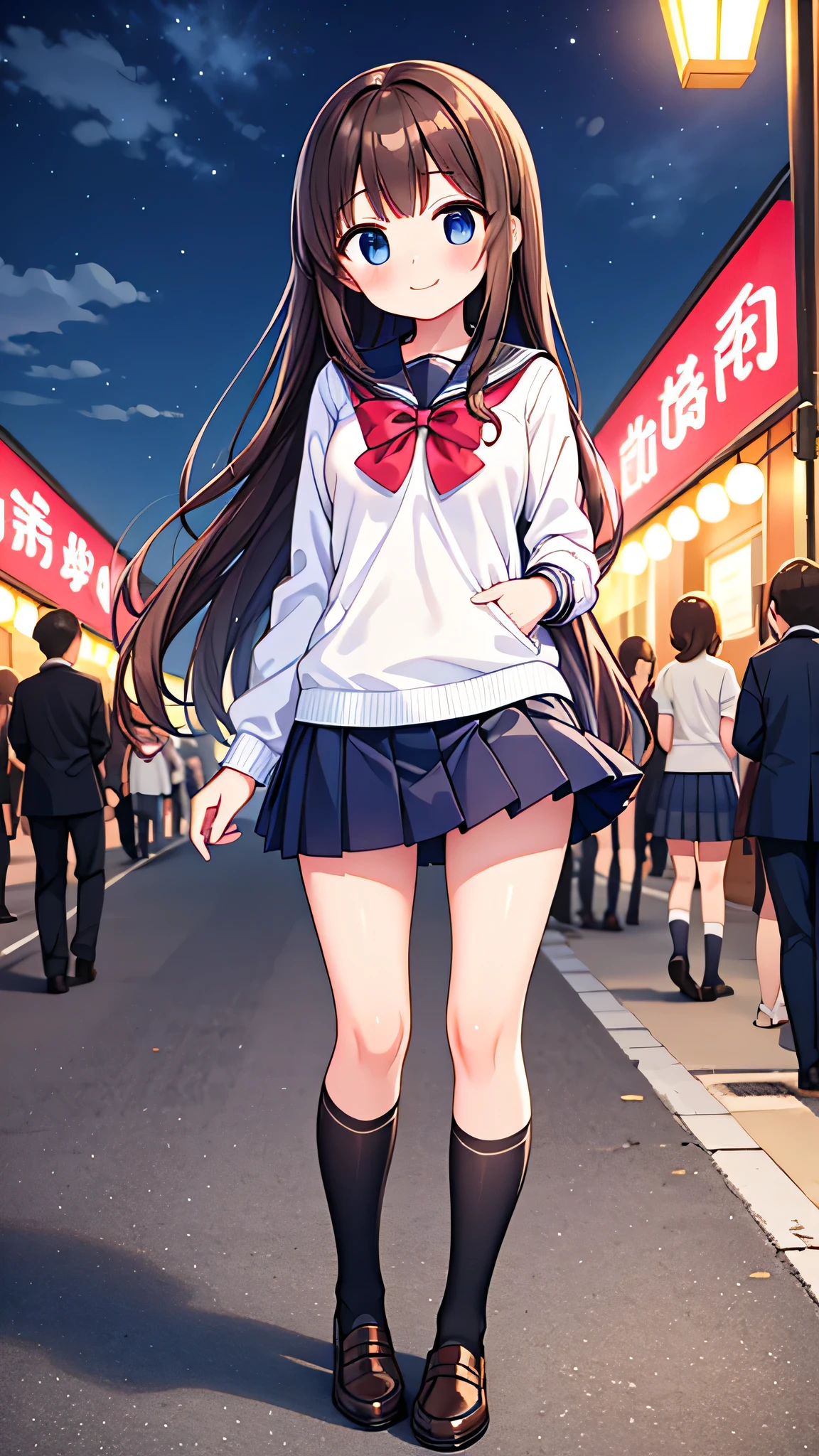 {Highest quality], [Super beautiful], [Ultra fine], [Best illustration], NSFW,Brown Hair, Hime cut, Long Hair, With bangs, girl,high school student,uniform,knit,skirt,smile, blush, Slender women, Adult women,Standing posture,(Public),Night Park,Summer festival,diagonal, Navy blue knee socks,Black Loafers