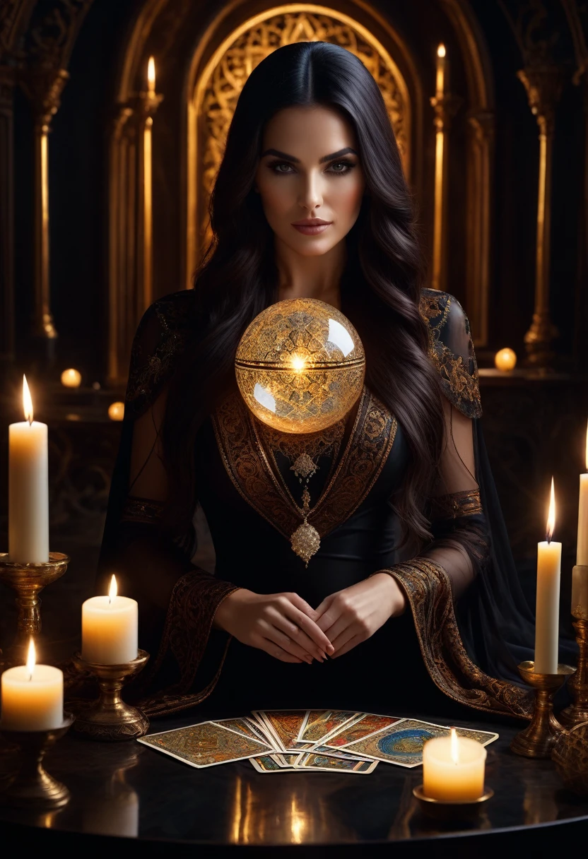 Stunning ultra-realistic in 8K resolution depicting a modern glamorous mysterious woman with black straight long hair, brown eyes, long nails, holding a large magical crystal ball. She is surrounded by many tarot cards, laid out on a dark table and casting an eerie glow. The modern atmosphere is shrouded in darkness, and there is enough light to highlight the woman's intricate costume and the mysterious objects around her. The overall effect is one of mystery, depth and a touch of magic, creating an unforgettable visual experience, photography