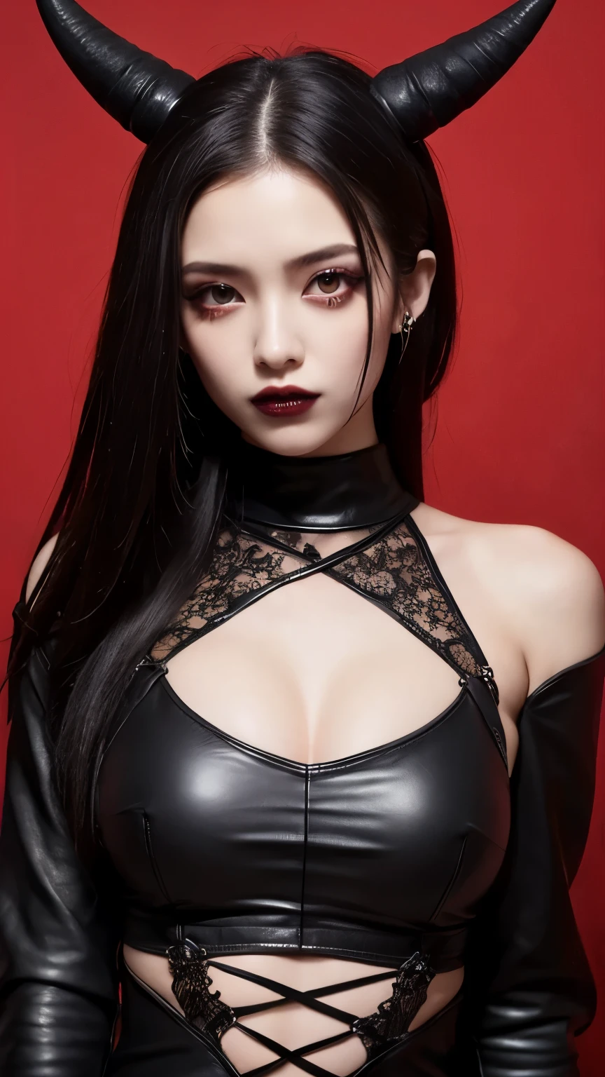 「in red background、A portrait of a young woman is depicted。She is wearing a black leather top、Sharp horns growing from its head。The eyes have red eyeshadow、She has a small black heart tattoo on her cheek.。He wears round glasses、It exudes a sexy and dark atmosphere.。Her hair is black、long、Straight。The overall look emphasizes the Gothic style.。」