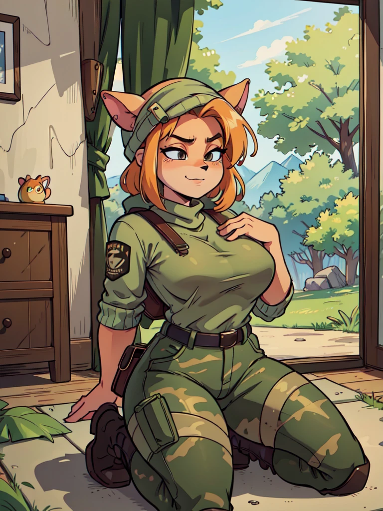 (best quality,4k,8k,highres,masterpiece:1.2),ultra-detailed,realistic:1.37,portrait,anthro bandicoot girl beautiful closed eyes, sexy ,seductive, warm sweater, camouflage beanie-balaclava hides the face ,camouflage pants, army boots, smirking, cozy lighting, vibrant colors , girl anthro , sweater, camouflage beanie-balaclava , camouflage pants, army boots,