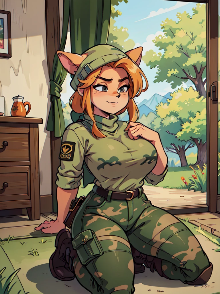 (best quality,4k,8k,highres,masterpiece:1.2),ultra-detailed,realistic:1.37,portrait,anthro bandicoot girl beautiful closed eyes, sexy ,seductive, warm sweater, camouflage beanie-balaclava hides the face ,camouflage pants, army boots, smirking, cozy lighting, vibrant colors , girl anthro , sweater, camouflage beanie-balaclava , camouflage pants, army boots,