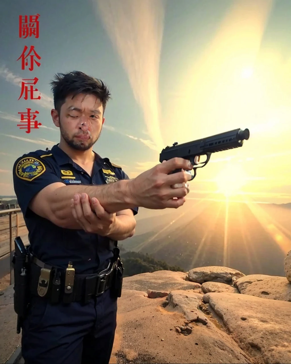 Police boy at mountain pointing gun at someone