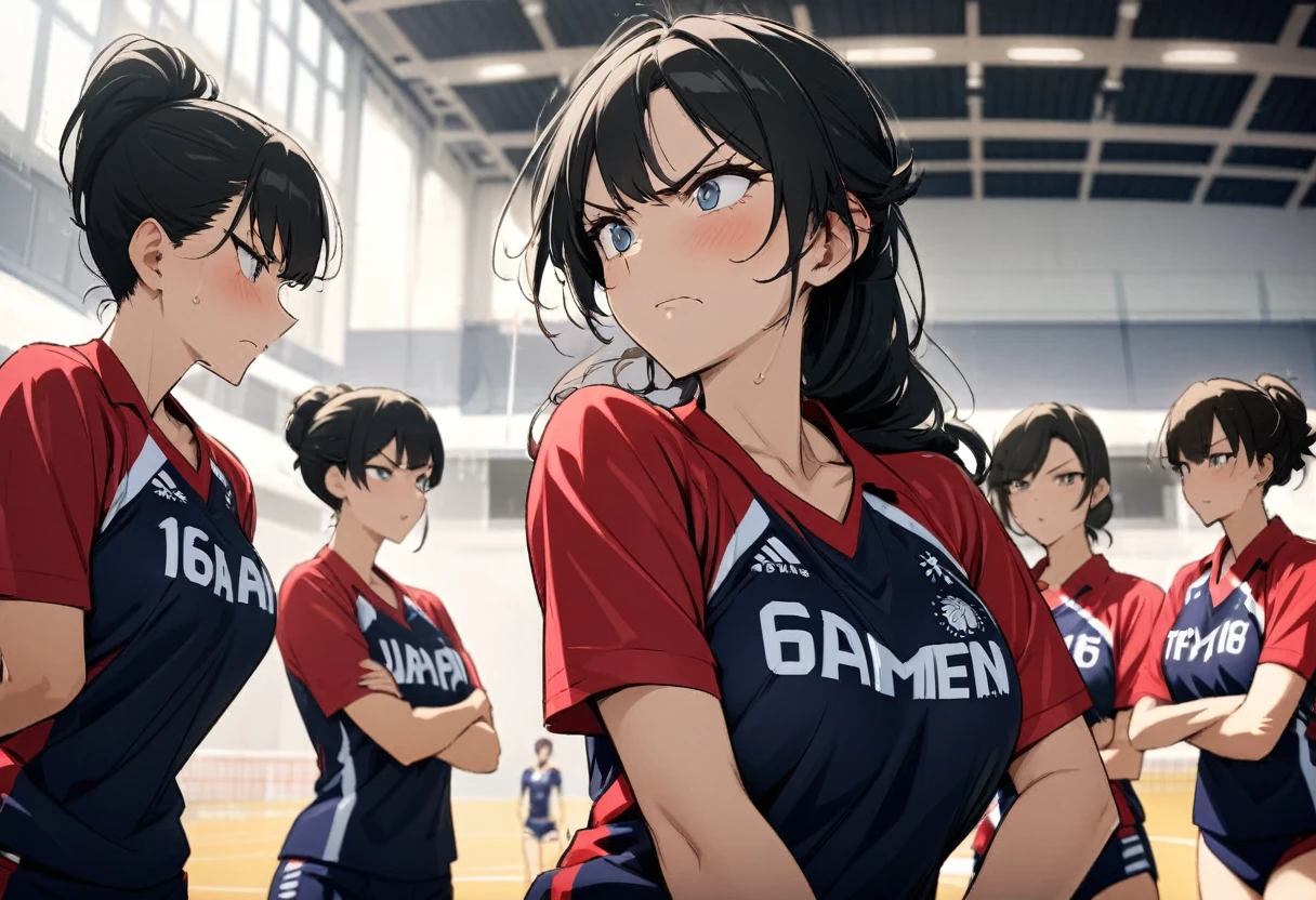 (Japan Women's Volleyball Team style), (in the Kitakyushu Volleyball Stadium), (6 Volleyball player ladys, serious face, try game), perfect anatomy, masterpiece, best quality, 16k, beautiful detailed grow, daydreaming expression.