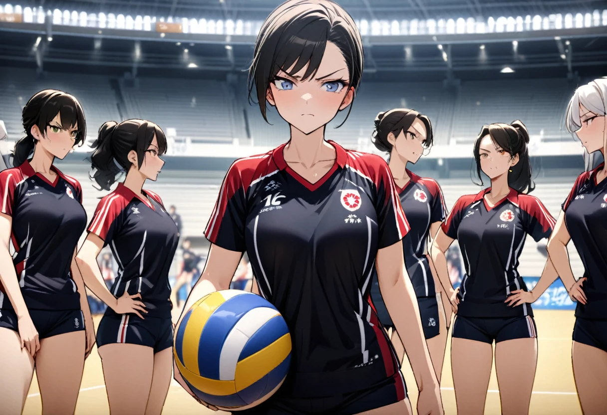 (Japan Women's Volleyball Team style), (in the Kitakyushu Volleyball Stadium), (6 Volleyball player ladys, serious face, try game), perfect anatomy, masterpiece, best quality, 16k, beautiful detailed grow, daydreaming expression.