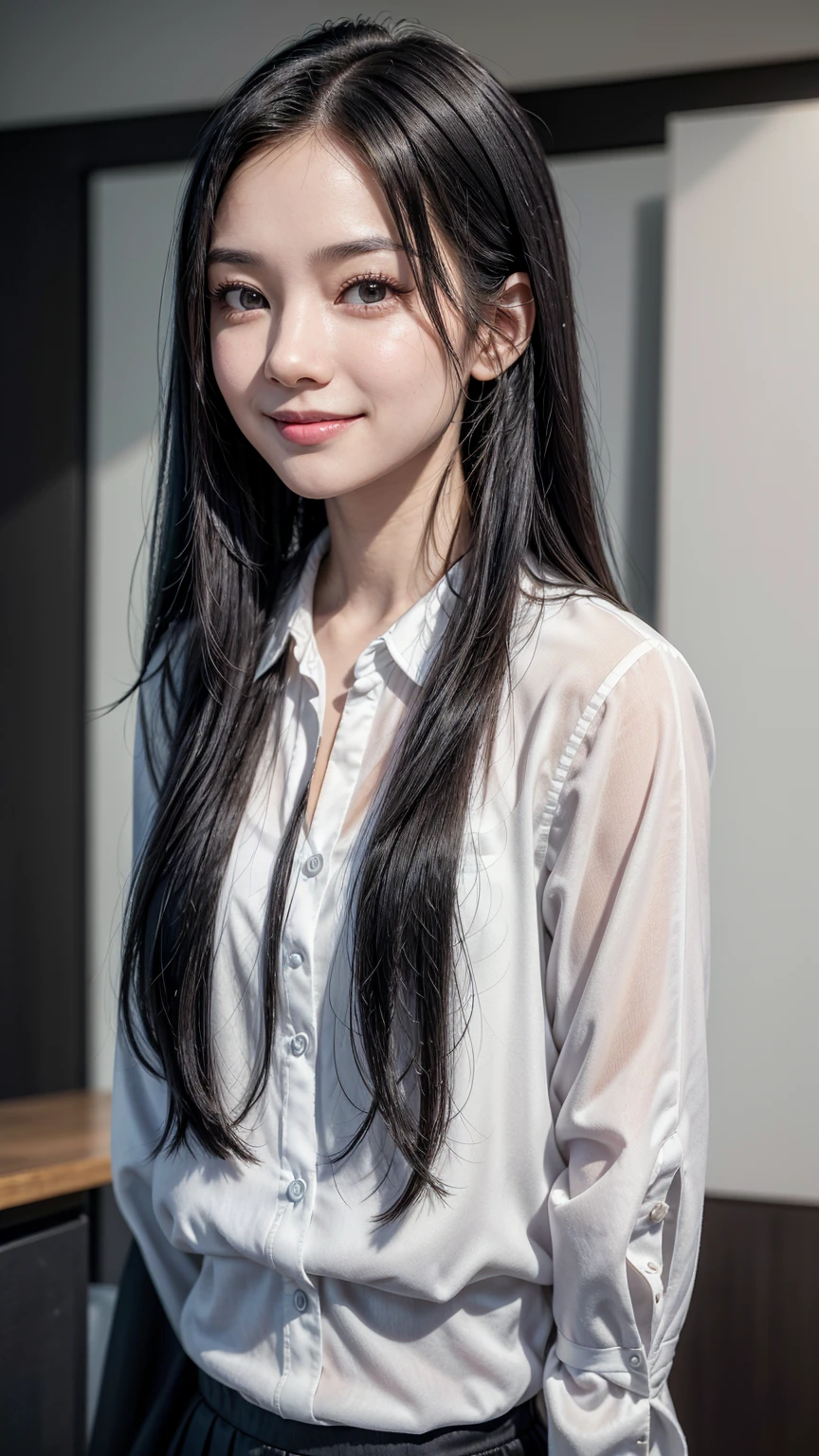 A close-up portrait photo of a young female instructor with long, black hair, giving a lecture in a bright and clean room. She has an exceptionally beautiful and adorable face with a smile that expresses kindness and calmness. She is wearing an elegant, stylish blouse. The background features minimalistic, modern decor, creating a professional and inviting atmosphere.