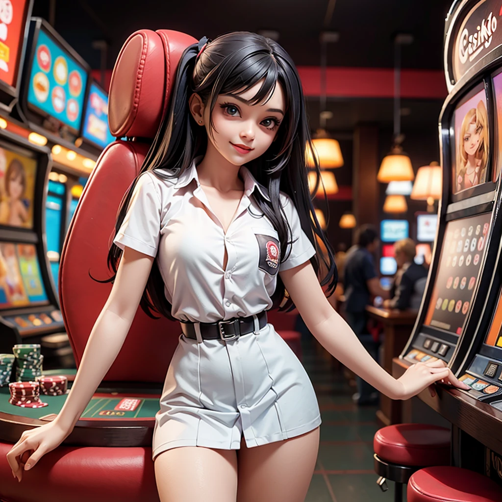 (masterpiece, best quality, high resolution), 19 years old, indonesia school girls, standing and teasing, perfect eyes, indonesia face, smile, laugh, mix colour hair, colourfull casino, poker, gambling, slot machine, baccarat, roulette, customer service, flirting you