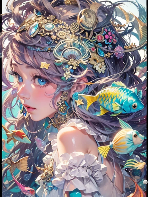 Official art, unity 8k wallpaper, Super detailed, beautifully、Aesthetically beautiful, masterpiece, Highest quality, (Tangled, And Mandalas, indices, mesh), (Fractal Art: 1.3), 1人fish, (Hairstyle: Long Hair) Ocean, Very detailed, Dynamic English, Cowboy Shot, The most beautiful form of chaos, elegant, Brutalist design, Bright colors, Romanticism, Oceanの泡, bubble, shell, fish, pearl