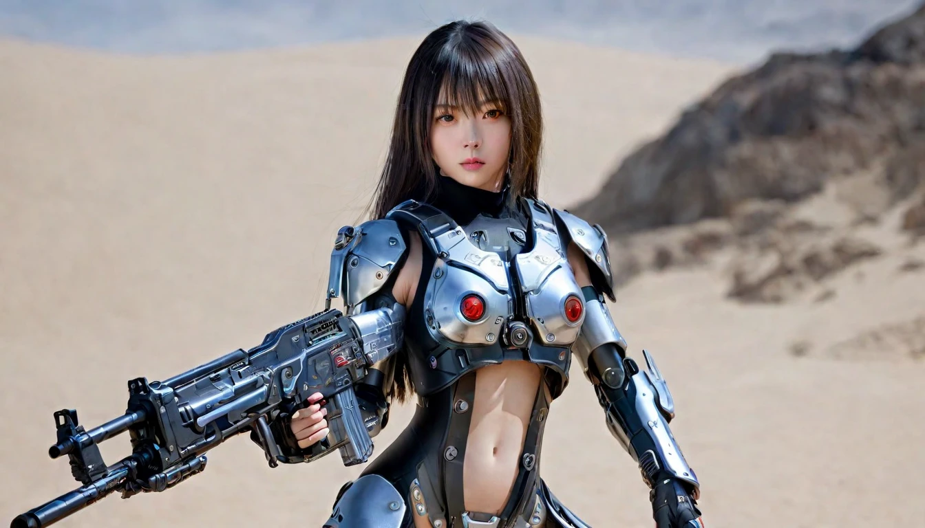 Textured skin, Very detailed, Attention to detail, high quality, 最high quality, High resolution, 1080p, hard disk, beautiful,(cyborg),(Missiles fired from the chest),(Machine gun in both hands),beautifulcyborg女性,Long Hair,The bangs are uniform,メカcyborgガール,Battle Mode,Girl with a mechanical body,彼女は武器を持った戦闘用cyborgメカを身に着けている,Full Body Shot