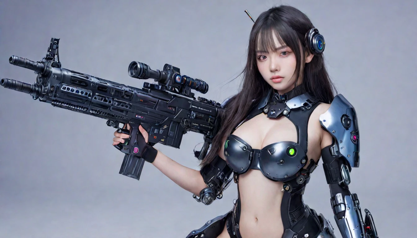 Textured skin, Very detailed, Attention to detail, high quality, 最high quality, High resolution, 1080p, hard disk, beautiful,(cyborg),(Missiles fired from the chest),(Machine gun in both hands),beautifulcyborg女性,Long Hair,The bangs are uniform,メカcyborgガール,Battle Mode,Girl with a mechanical body,彼女は武器を持った戦闘用cyborgメカを身に着けている,Full Body Shot
