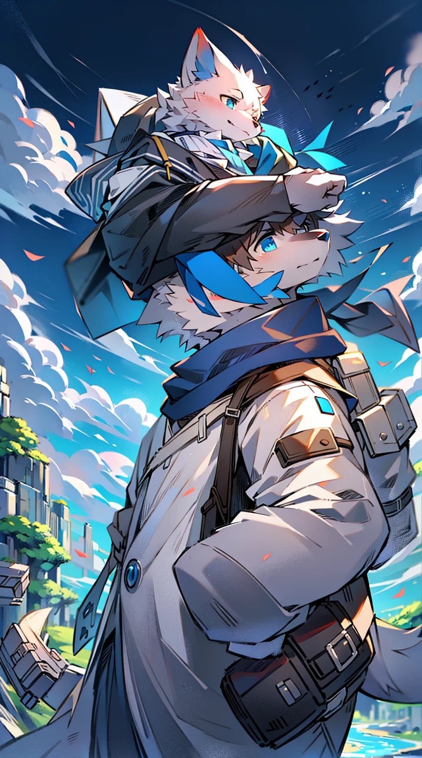 White Wolf，Gray fur，black hair，Sky blue eyes，德意志wind格军装，头戴wind镜，The background is a dark battlefield，male，juvenile，成熟的juvenile，Military cap，Scarf，wind，illumination，Shoulder bag，Carrying a gun，Blue sky and white clouds