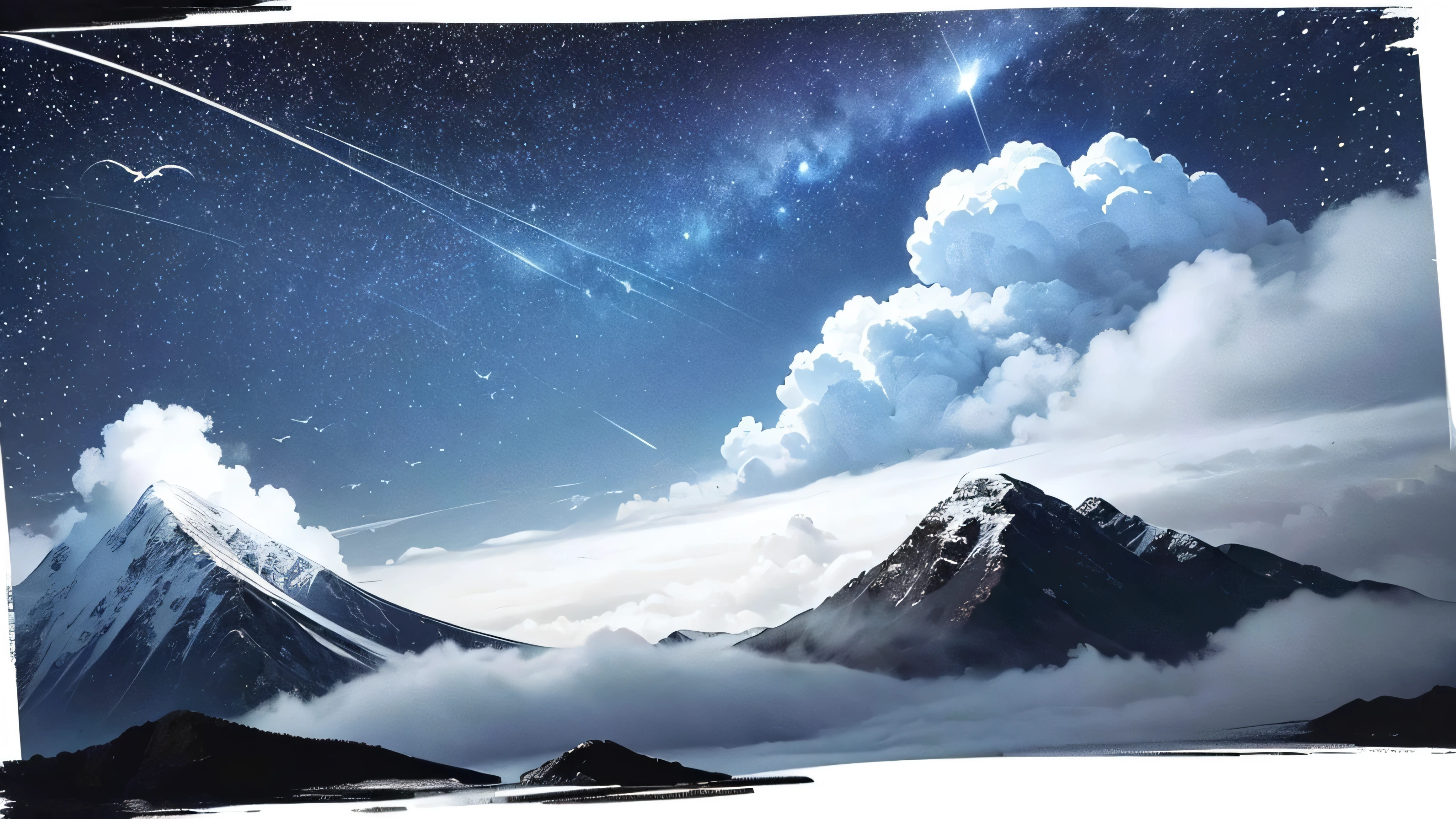 masterpiece,A mountain on white paper,Express with ink only々There is also a sea of clouds and a moonlit night、Pale touch、Ink Painting,((Jasmine)),(Birds flying over the hills:1.3 Reduce the wrong beams. Don't have many buildings. Don't have some realistic strokes.
