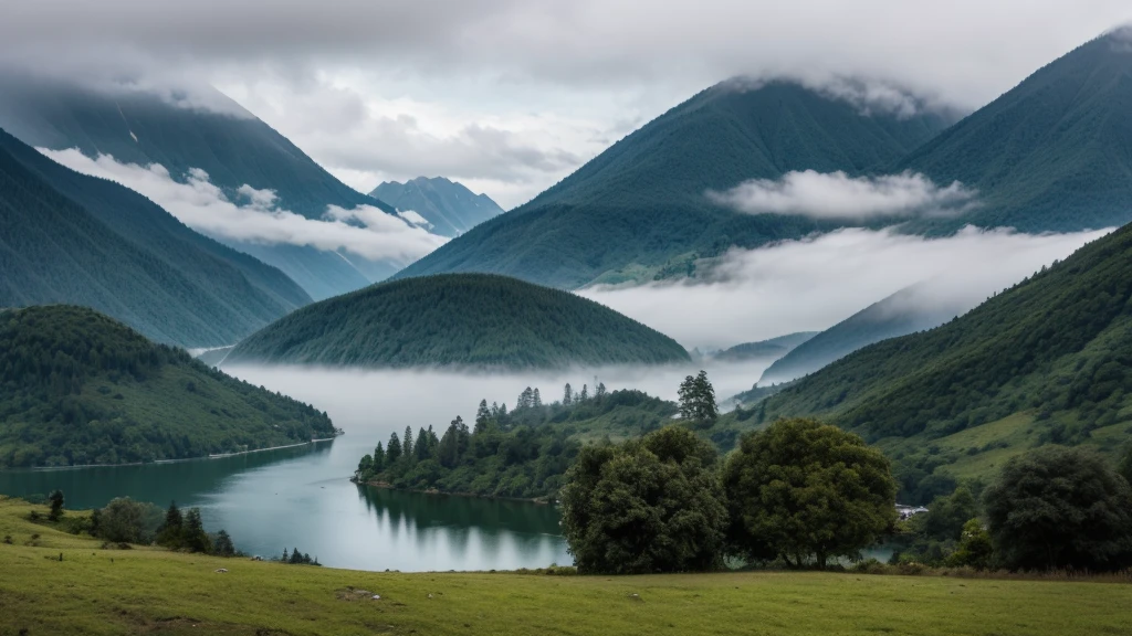 wonderfull landsape with mountains and forest, we can see a little lake in a far. foggy, dreaming, rainy