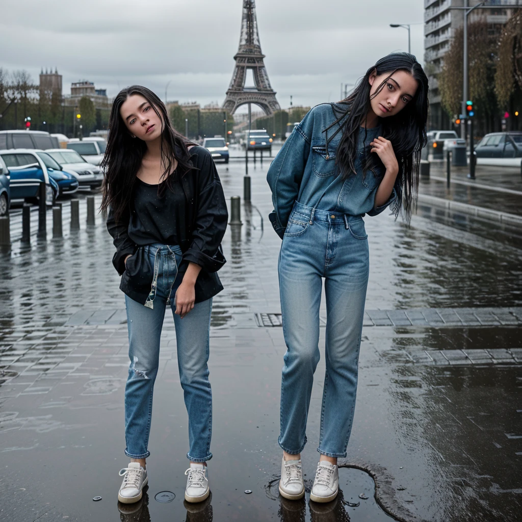 A beautiful girl with waist-length hair, without bangs, stands in a pose that has her gazing downward while pulling up her jeans. She’s dressed in a casual top, oversized jeans, and sneakers. The street is dark after a recent rain, with puddles reflecting the surroundings. In the background towers the Eiffel Tower, its top aglow with blue light that transitions to yellow lower down, casting a reflective shimmer on the wet pavement. The girl herself appears damp from the rain, adding to the moody atmosphere of the scene.
Remember to capture the reflections in the puddles and the subtle gradation of light on the Eiffel Tower for a realistic touch. The girl’s expression could be contemplative, matching her downward gaze and the overall somber tone of the setting.