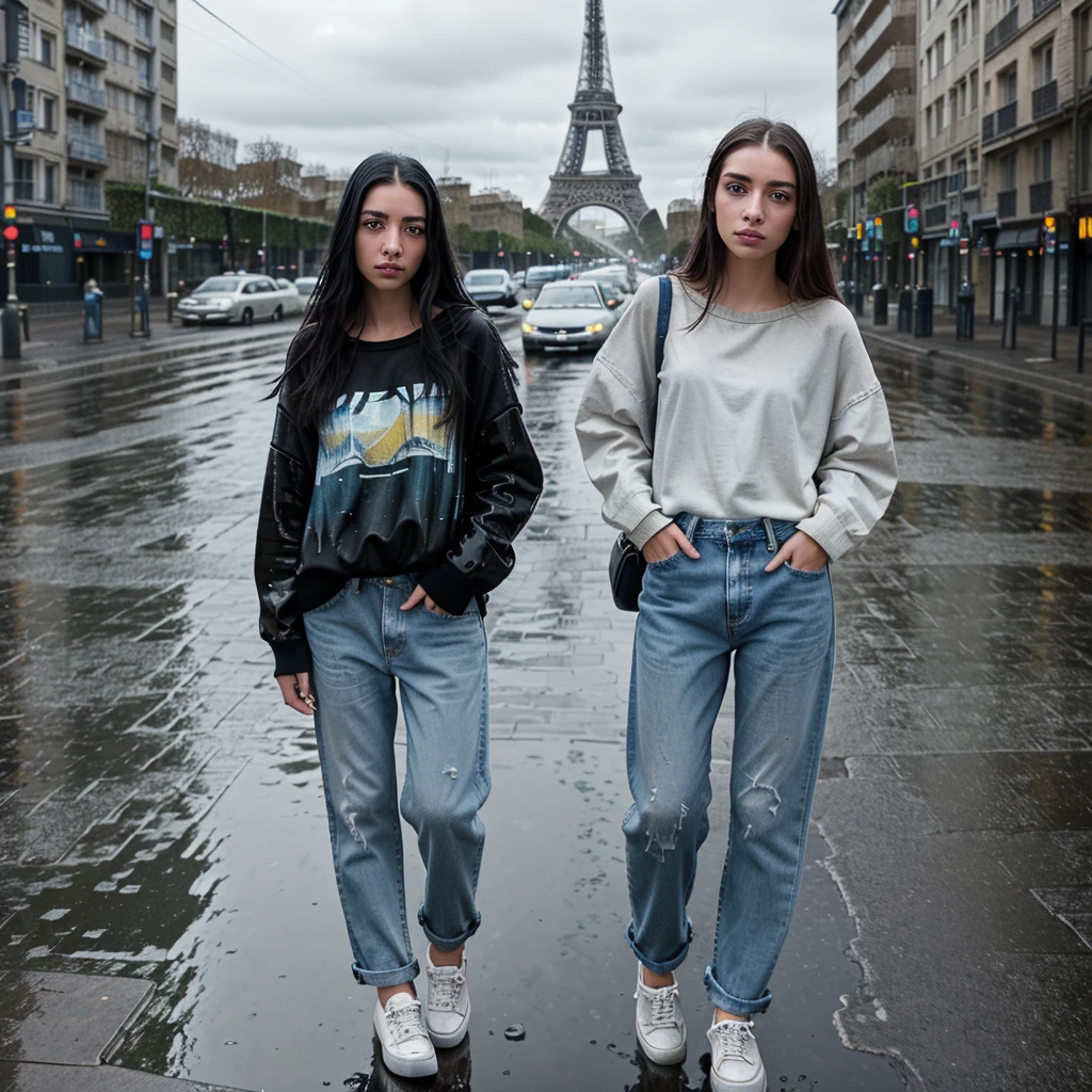 A beautiful girl with waist-length hair, without bangs, stands in a pose that has her gazing downward while pulling up her jeans. She’s dressed in a casual top, oversized jeans, and sneakers. The street is dark after a recent rain, with puddles reflecting the surroundings. In the background towers the Eiffel Tower, its top aglow with blue light that transitions to yellow lower down, casting a reflective shimmer on the wet pavement. The girl herself appears damp from the rain, adding to the moody atmosphere of the scene.
Remember to capture the reflections in the puddles and the subtle gradation of light on the Eiffel Tower for a realistic touch. The girl’s expression could be contemplative, matching her downward gaze and the overall somber tone of the setting.