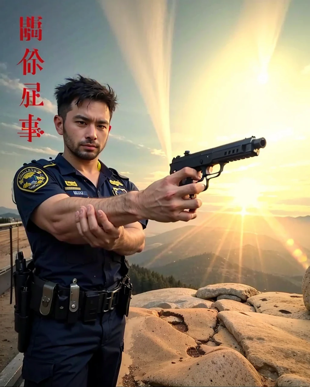 Police man at mountain pointing gun at someone 