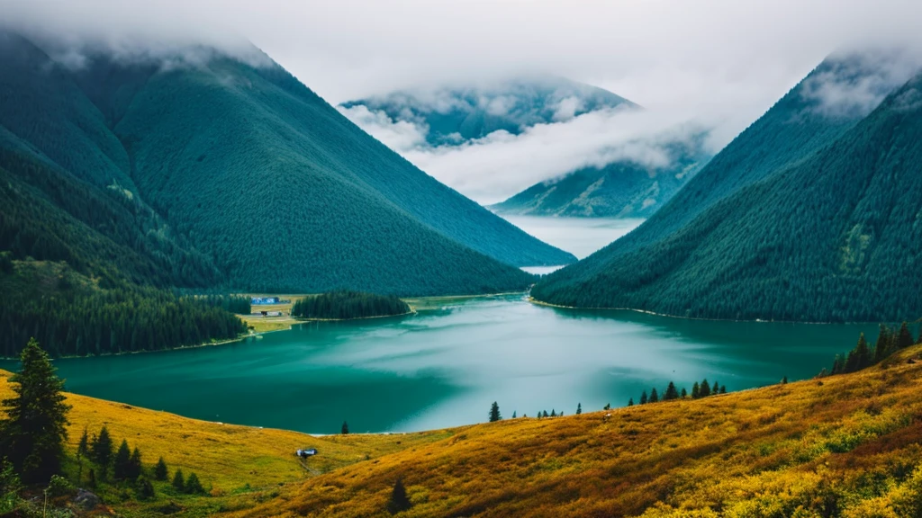 wonderfull landsape with mountains and forest, we can see a little lake in a far. foggy, dreaming, rainy
