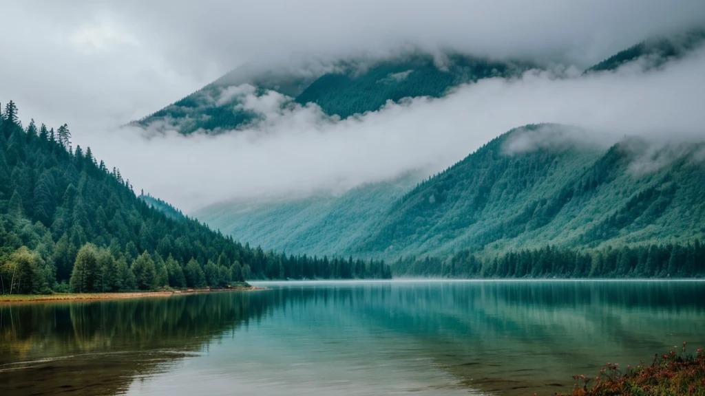wonderfull landsape with mountains and forest, we can see a little lake in a far. foggy, dreaming, rainy