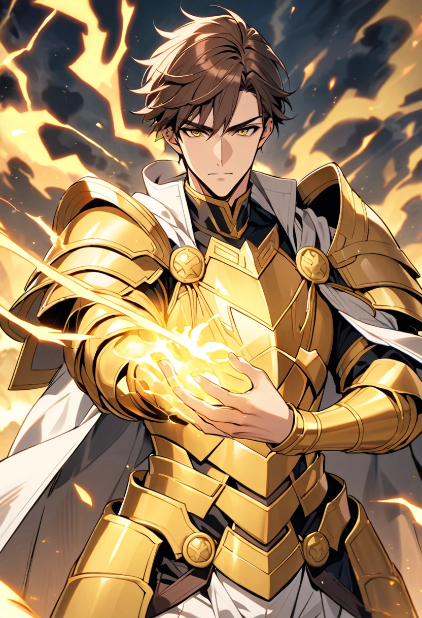 Handsome, single, 1 male, short hair, brown hair, yellow-black eyes, magical style golden armor warrior outfit. white coat An enormous power swirled like golden yellow fire and lightning mixed together. Magical power is in your hands.