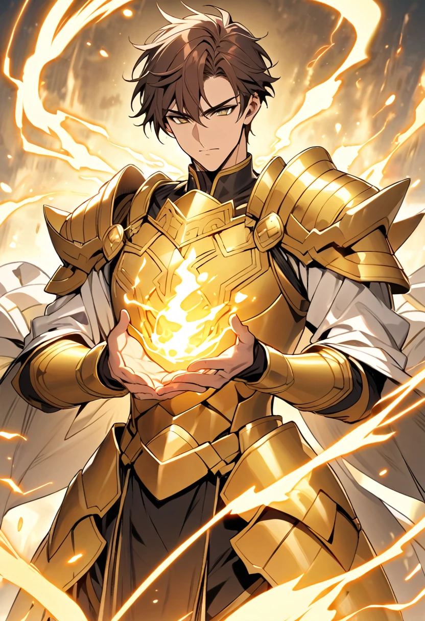 Handsome, single, 1 male, short hair, brown hair, yellow-black eyes, magical style golden armor warrior outfit. white coat An enormous power swirled like golden yellow fire and lightning mixed together. Magical power is in your hands.