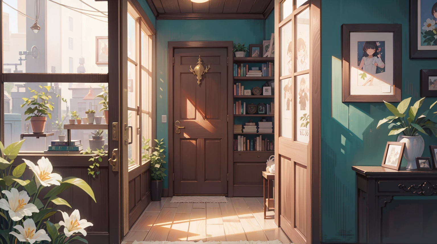 (Masterpiece), Best quality, Ultra-high resolution, detailed structure, Detailed architecture, (Warm pastel colors), indoor,(nobody:1.5)Pull the door frame to see the living room,Behind is the living room, plant, Stamens, indoor。Entrance