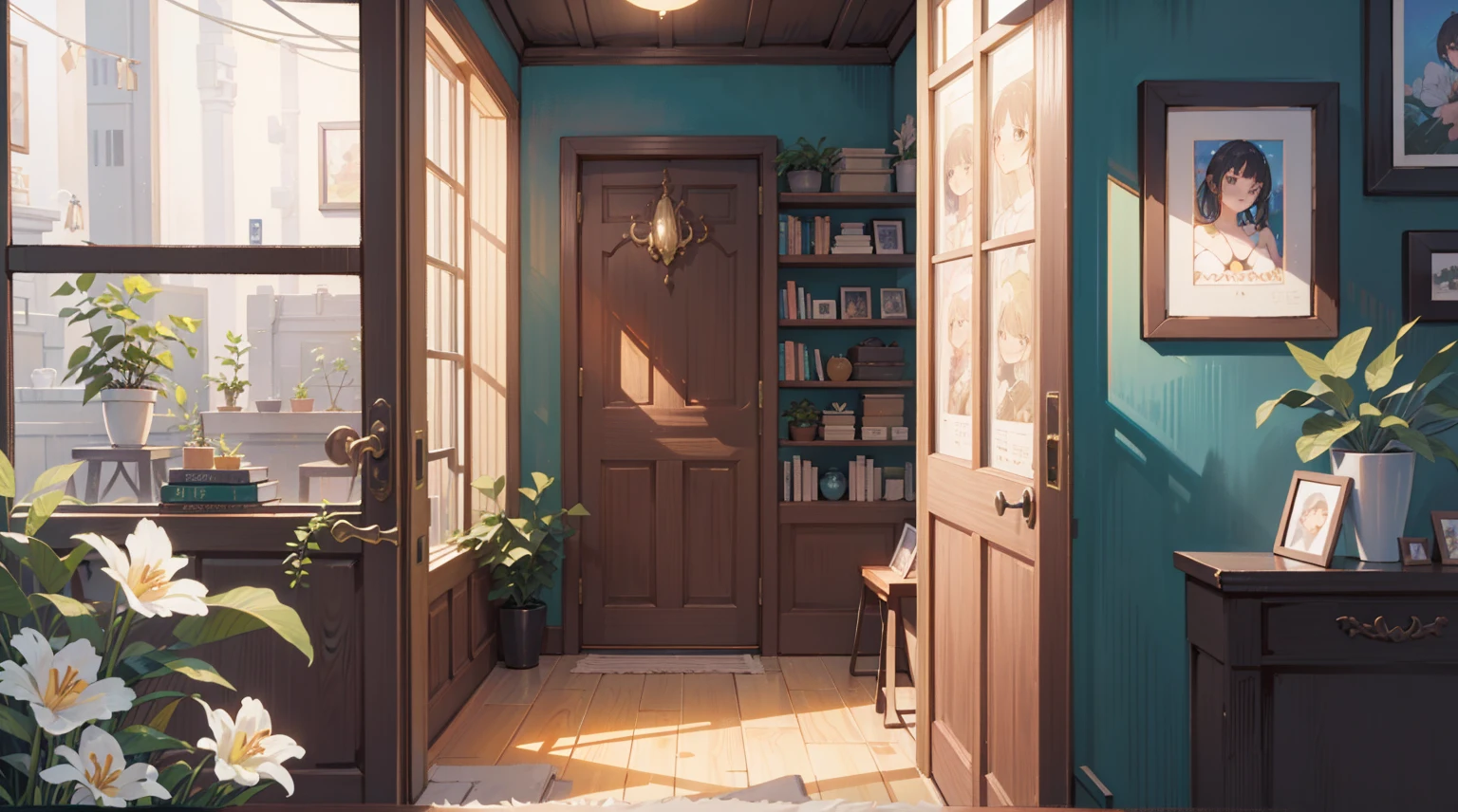 (Masterpiece), Best quality, Ultra-high resolution, detailed structure, Detailed architecture, (Warm pastel colors), indoor,(nobody:1.5)Pull the door frame to see the living room,Behind is the living room, plant, Stamens, indoor。Entrance