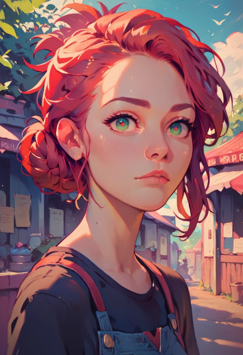 ((red hair)), green eyes, half bun hair, bust, ((curious look)), ((masterpiece)), ((detailed)), ((black shirt)), ((blue jeans)), ((best quality)), ((outside)), small breasts, ((bright)), (pretty eyes), looking at viewer
