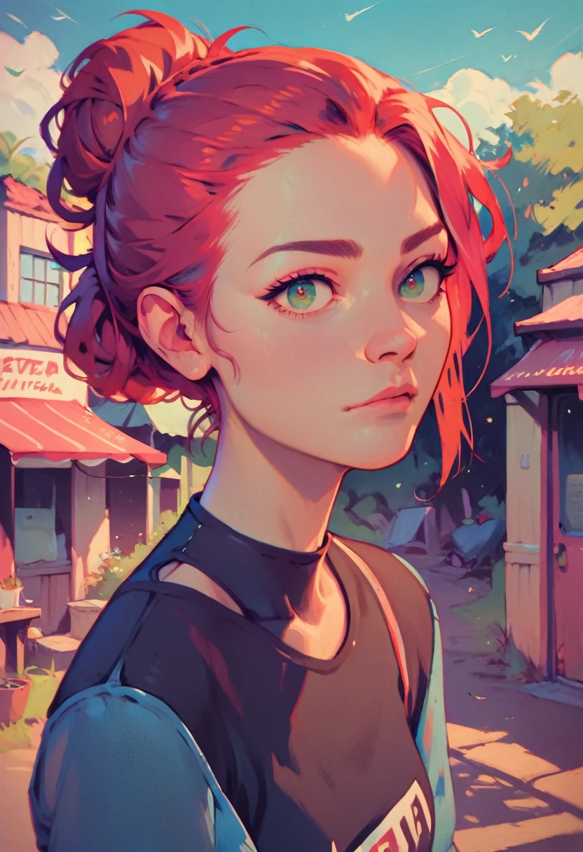 ((red hair)), green eyes, half bun hair, bust, ((curious look)), ((masterpiece)), ((detailed)), ((black shirt)), ((blue jeans)), ((best quality)), ((outside)), small breasts, ((bright)), (pretty eyes), looking at viewer
