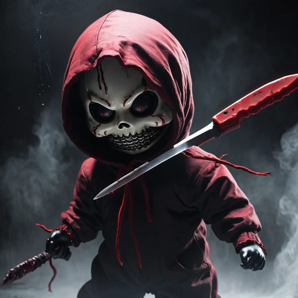(knitted toy voodoo doll:1.8), (in Ghostface mask from Scream:1.5), holding a small, bloody knife, horror atmosphere, best quality, masterpiece, detailed soft oil painting, detailed background, dramatic cinematic lighting, soft edge lighting, professional, dramatic lighting, hard edge lighting, ultra quality, 4k, masterpiece, best quality, 8k, ultra high definition, high resolution, extremely detailed