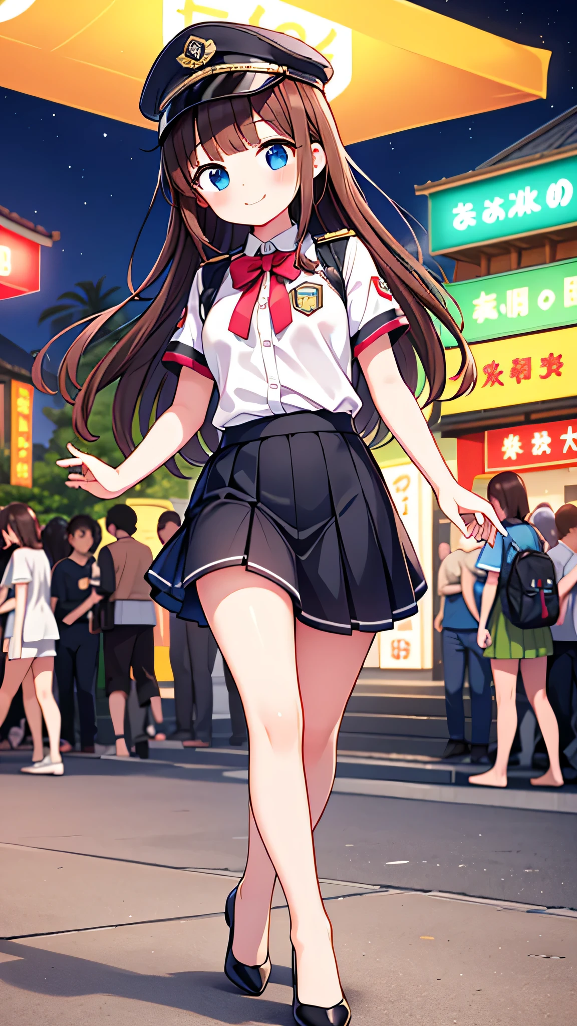 {Highest quality], [Super beautiful], [Ultra fine], [Best illustration], NSFW,Brown Hair, Hime cut, Long Hair, With bangs, girl, Uniform cap,Security uniform, smile, blush, Slender women,Short sleeve,Long straight skirt, Adult women,walk,(Public）Night Park, Summer festival,diagonal,Bare feet and pumps, Plain black pumps