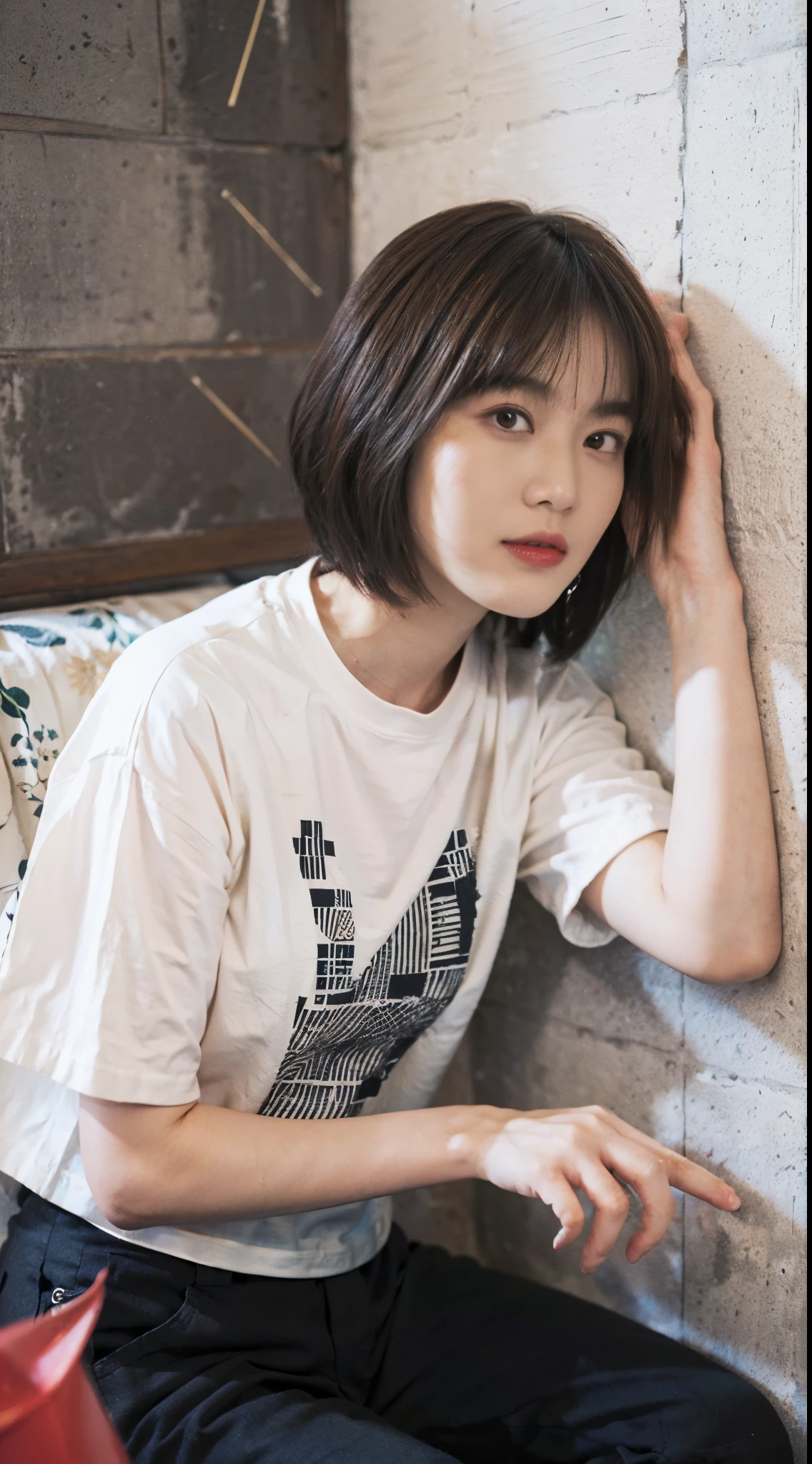 24 (short hair:1.23), (20-year-old woman), (hyper-realistic), (masutepiece), (8KUHD), facial focus, ((black t-shirt with no pattern)) wearing long pants (The room wall is an abstract fraction: 1.23)