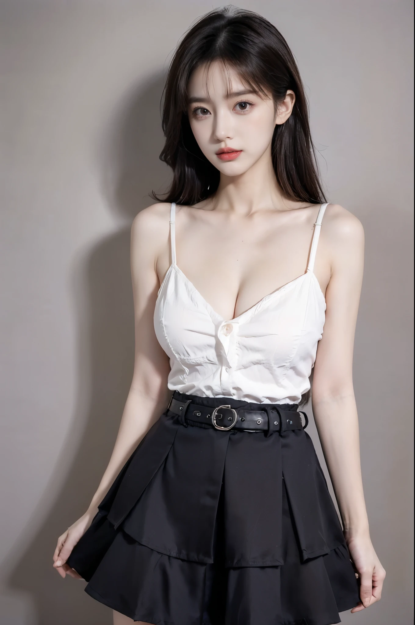 skirt,plaid necktie,belt,plaid skirt,black shirt,bowtie,, Beauty, 1girl,solo, beautiful女人，Have a perfect body：1.4，Layered Hairstyle，((Big breasts)), ((E cup)), Visible cleavage，Bare shoulders, Highly detailed face and skin texture，Double eyelids，Skin Whitening，Long hair，Whitening long legs，Standing by the sea, Fashion girl, Red lips, Sweet maiden, beautiful妆容, detail, lifelike, Very detailed, amazing, beautiful, Young and energetic, high quality，High Definition, rich and colorful，Exquisite, Smooth skin, The skirt is short, Lift the skirt with your hands, Elegant and charming posture, Official Art, Extremely detailed, Movie atmosphere, Soft colors, Natural skin texture,