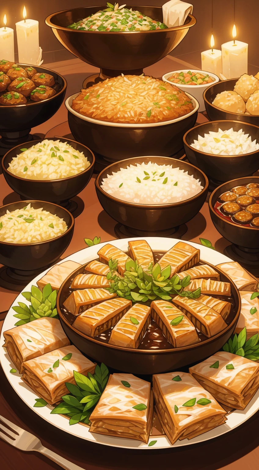 Illustration of lavish serving of delicious Eid food, Includes succulent lamb and goat dishes, Fragrant rice, There is also a wide selection of delicious sweets such as baklava and ma&#39;amoul..