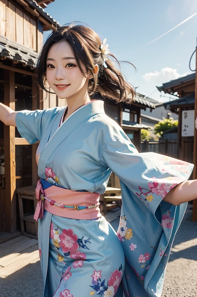 A beautiful smiling woman in a kimono greets people with a cheerful "Good morning" as she dances with her arms open under the blue sky