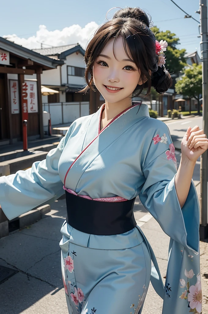 A beautiful smiling woman in a kimono greets people with a cheerful "Good morning" as she dances with her arms open under the blue sky
